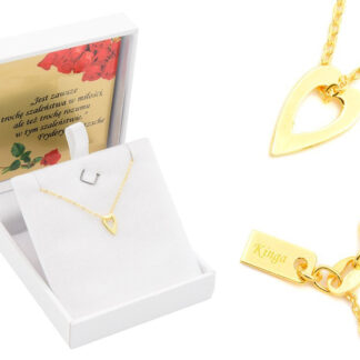 pozłacany naszyjnik serce srebro 925 z grawerem i ozdobną różową kokardką.