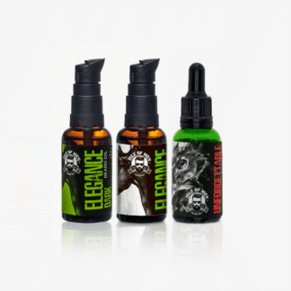 zestaw trzech olejków do brody Isle Of Men Elegance Dark Unforgettable w ozdobnym pudełku.