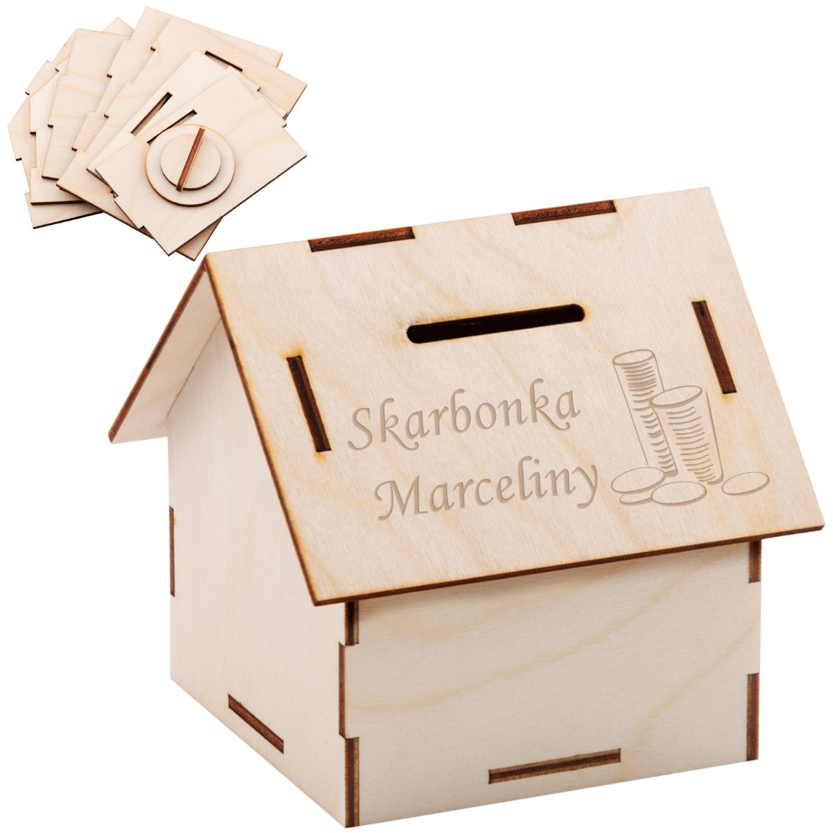 Drewniana skarbonka w kształcie domku Prezent z Grawerem - obrazek 7