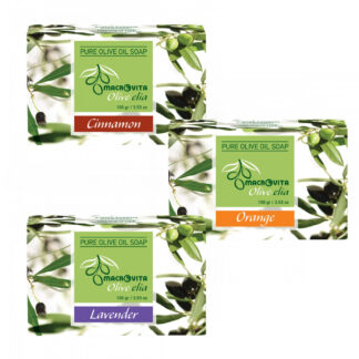 Zestaw naturalnych mydeł Olive.elia: pomarańcza 100g + cynamon 100g + lawenda 100g